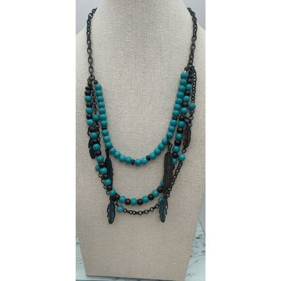 Shyanne Dark Silver Tone Feathers Faux Turquoise Beads Multi Layer Necklace - Picture 1 of 6